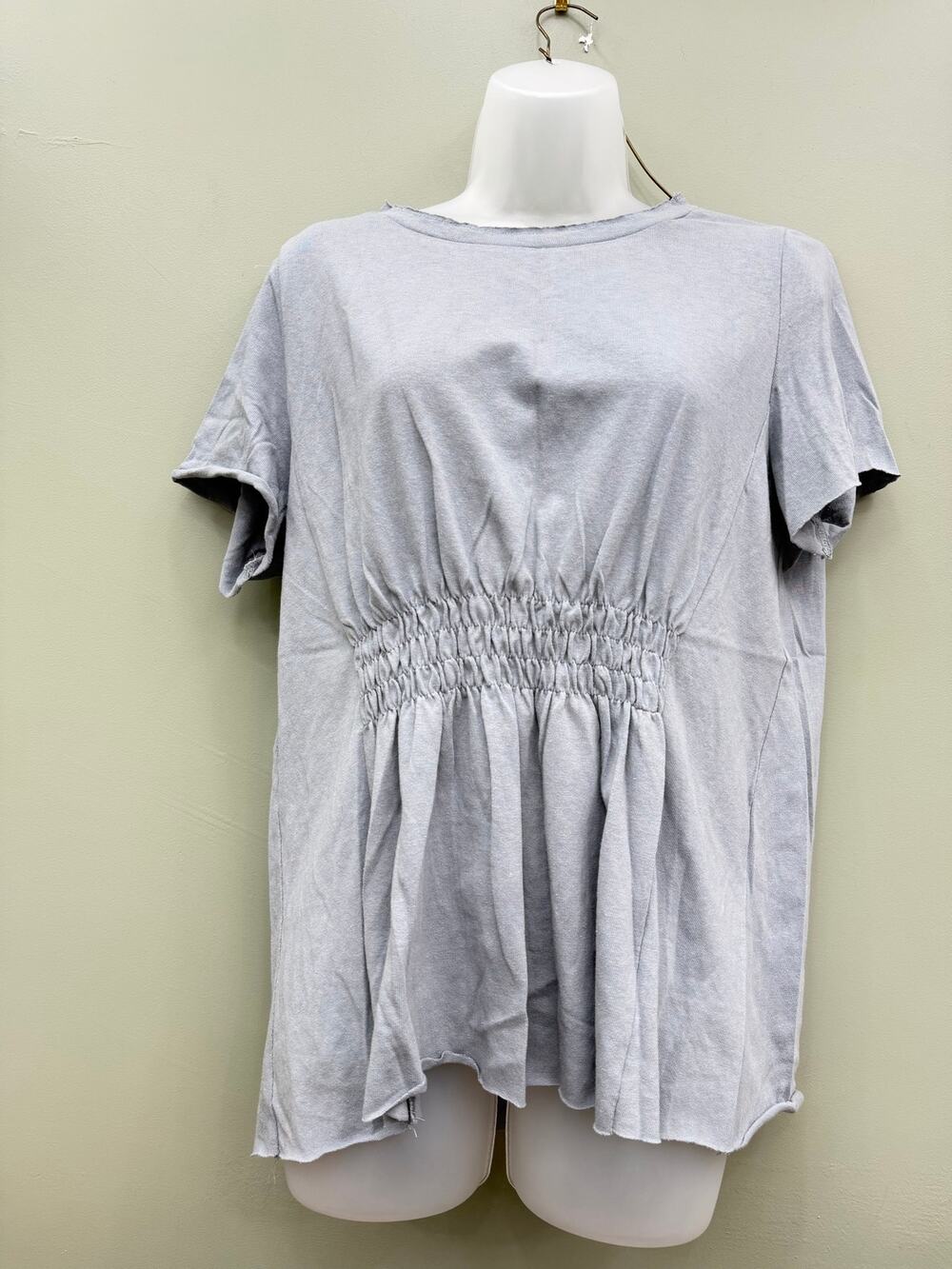 Listicle Gray Cotton Smocked Waist Peplum Top Size L Raw Edge Minimalist